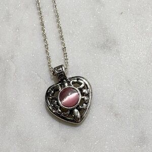 Silver Tone Filigree Heart Pendant With Pink Cat Eye Center Stone Necklace